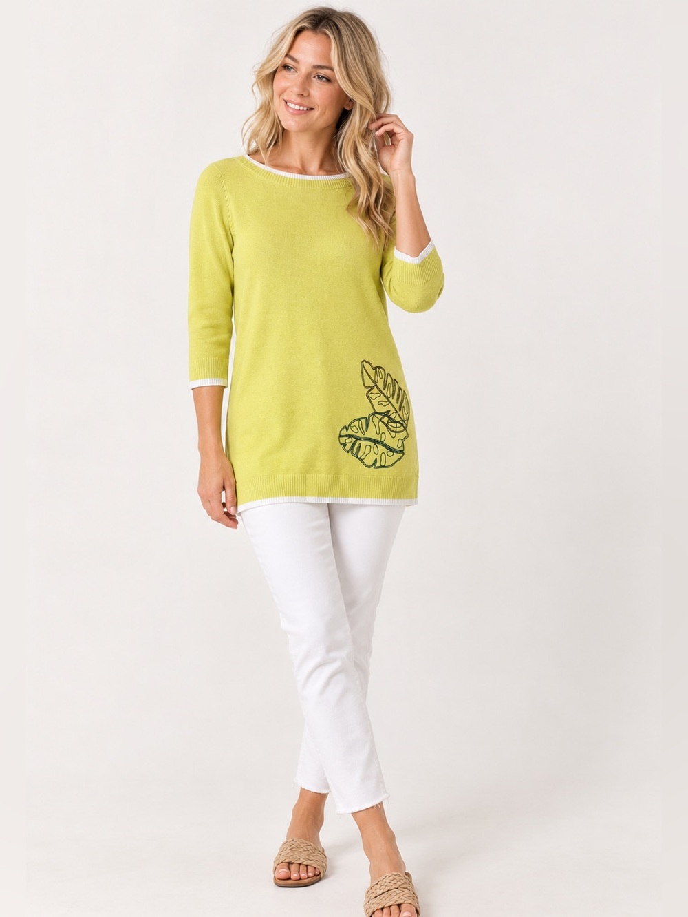 d&co Denim + Company Yellow Tropical Leaf Sweater XXS